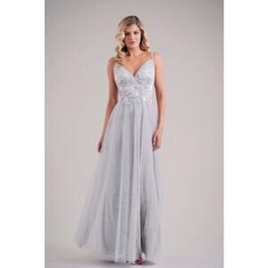 2723 NWT Jasmine L224002 Lace Appliqué and Soft Tulle V Neck Bridesmaid Dress